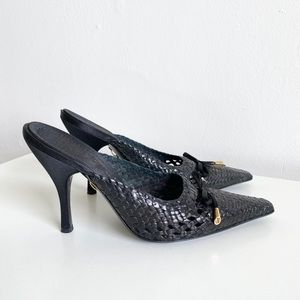 Vintage designer Casadei Black Leather high heel mules bow